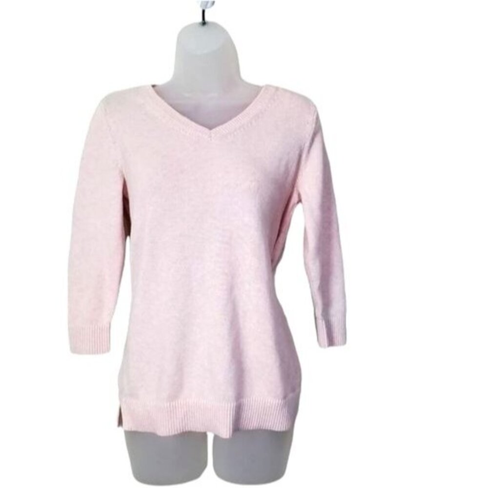 TALBOTS Womens Sweater SZ SP Knit Soft‎ Pink V-Neck Tie Back 100% Pima Cotton